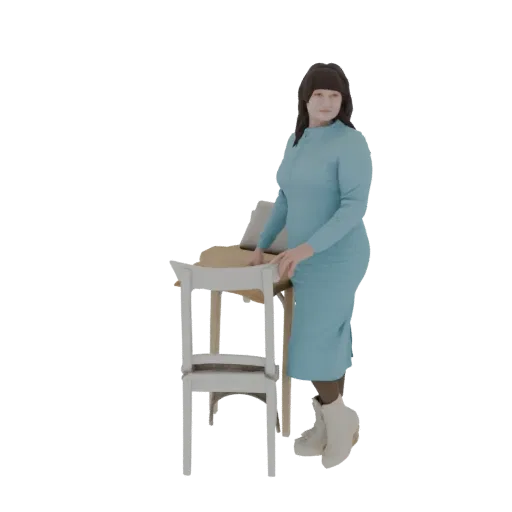 3D model of a woman in a blue dress and white boots, standing next to a stool.