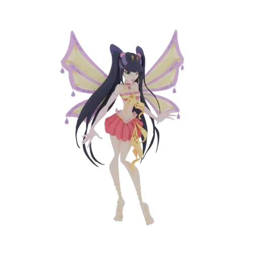 3D model of a fairy with long dark hair, large yellow and purple butterfly wings, and a pink and gold outfit, posed gracefull