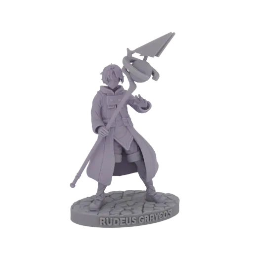 3D model of Rudeus Greyrat from Mushoku Tensei, standing on a cobblestone base and holding a staff.