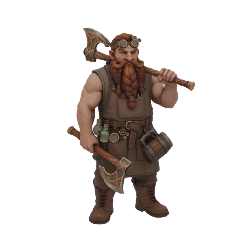 3D model of a Steampunk Dwarf Blacksmith character with a braided beard, goggles, apron, and two axes, rendered against a whi