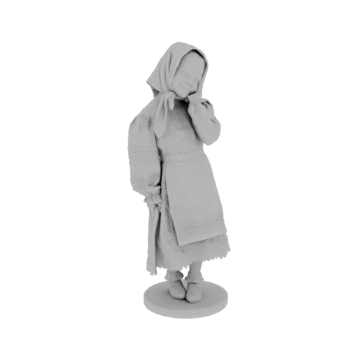 3D-Modell eines jungen Mädchens im traditionellen Trachtenkleid mit Kopftuch und detailreicher Kleidung, sanft posiert.