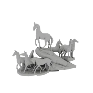3D render of a herd of light gray horses galloping across a textured rocky outcrop, with one horse prominently raised on a pe
