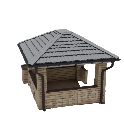 3D model of a modern brick gazebo with a grey tiled roof and open sides, set against a black background.