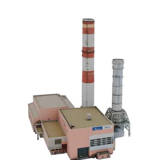 3D model of an industrial power plant with a tall red and white striped chimney and a smaller ribbed chimney, next to a pink