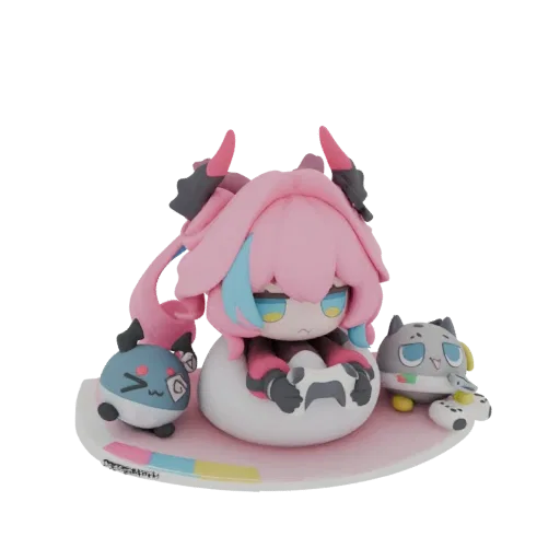 3D model of a chibi gamer girl sitting with two cute companions, holding game controllers on a pink base.