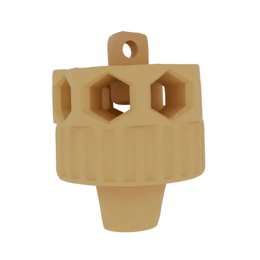 3D model of a tan hexagonal honeycomb gear cap with a ribbed lower section and a loop at the top.