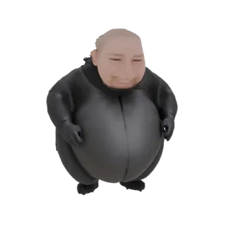 3D model of a chubby character with a bald head wearing a black suit, standing with hands in front.