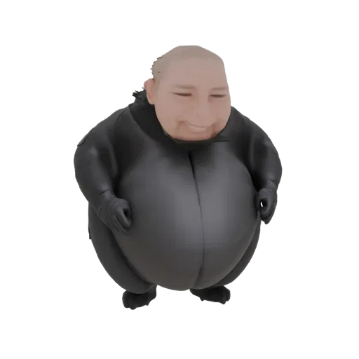 3D model of a chubby character with a bald head wearing a black suit, standing with hands in front.