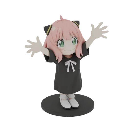 3D model of Anya Forger from Spy x Family, with pink hair and green eyes, wearing a black dress, arms outstretched in a welcoming hug, standing on a black circular base.