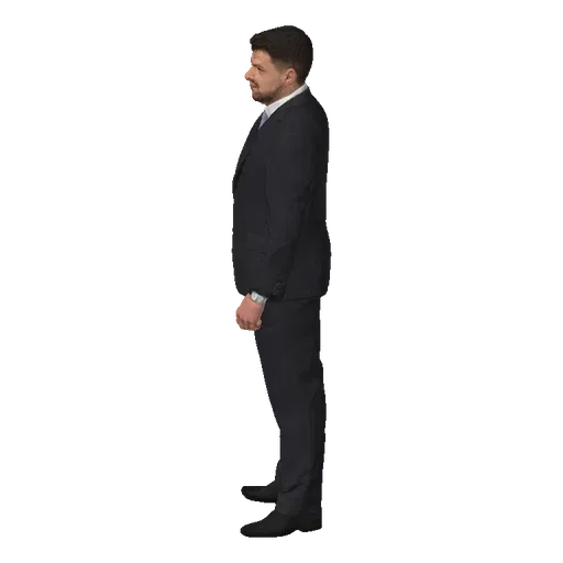 3D model of a man in a dark suit with a purple tie, standing formally.