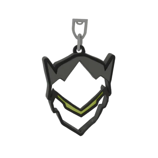3D model of Genji's mask from Overwatch, designed as a keychain with a dark grey finish and lime green visor.