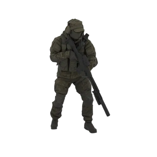 3D model of a modern sniper soldier wearing camouflage, holding a rifle, and equipped with tactical gear.