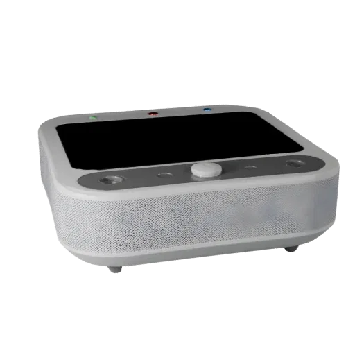 Voice Controlled Speaker 3D model, three-quarter front view, AR viewer studio render, showing material detail and scale.