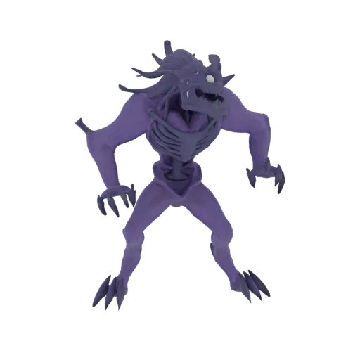 3D model of a purple skeletal monster with glowing white eyes and exposed ribs, standing in a menacing pose against a black b