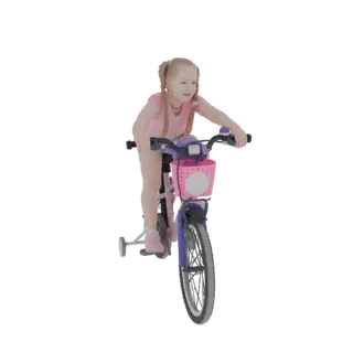 Modello 3D di una bambina con codini biondi che guida una bicicletta rosa con rotelle e un cestino rosa.