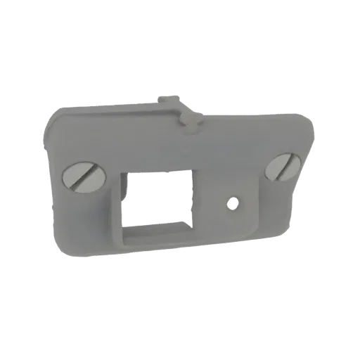 3D model of a grey sewing machine part with two screw holes and a central rectangular opening.