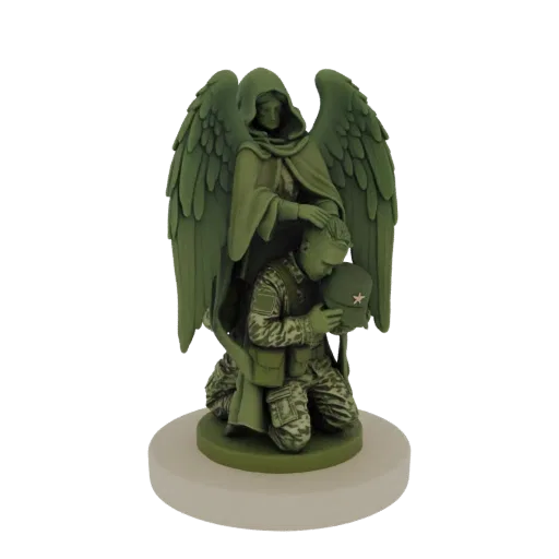Modelo 3D de anjo da guarda verde com asas grandes, abençoando soldado ajoelhado em uniforme de camuflagem.