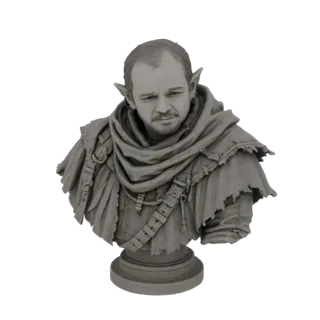 3D model bust of a fantasy elf rogue with pointed ears, wearing a tattered scarf and leather straps, looking down thoughtfull