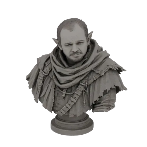 3D model bust of a fantasy elf rogue with pointed ears, wearing a tattered scarf and leather straps, looking down thoughtfull