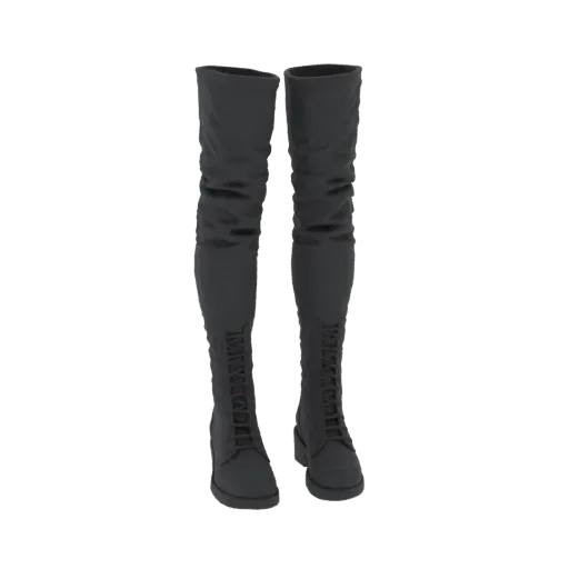3D model of a pair of black thigh-high boots with a lace-up front and ruched shaft, presented on a white background.