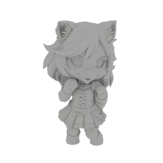 3D-Modell einer niedlichen Chibi-Katzenkriegerin mit großen Augen, trägt ein geschnürtes Mieder, Faltenrock und Stiefel, in d
