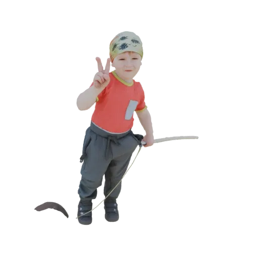 3D model of a young boy wearing a bandana and holding a fishing rod, making a peace sign.
