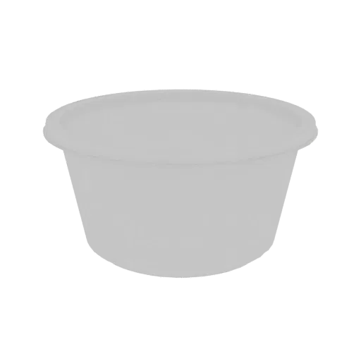 Uma renderização 3D de um recipiente de plástico branco para alimentos com tampa, apresentado sobre um fundo branco.