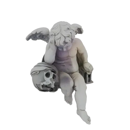Rendu 3D d'une statue de chérubin ressemblant à de la pierre, assis tenant un crâne, avec une expression pensive.