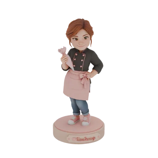 3D model of a stylized baker woman with brown hair, wearing a chef's jacket and pink apron, holding a piping bag, standing on