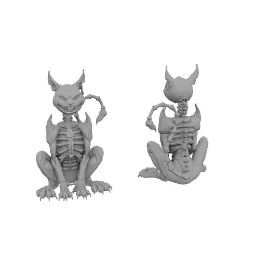 3D model render of a skeletal cat gargoyle sitting, showing its exposed rib cage and grinning face.