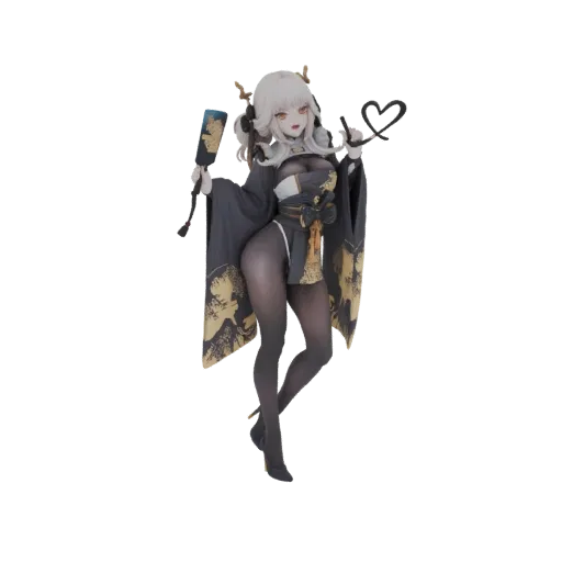 Modello 3D geisha kimono scuro oro, ventaglio, posa elegante sfondo nero.
