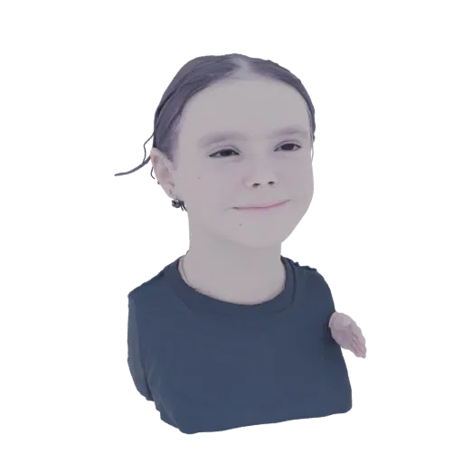 3D model of a young girl with braided hair and a dark t-shirt, smiling gently.