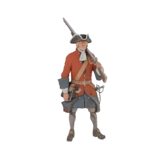 Modello 3D di un soldato del XVIII secolo con cappotto rosso e cappello tricorno, che impugna un moschetto.