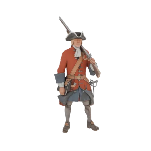 3D model of an 18th-century soldier in a red coat and tricorn hat, holding a musket.