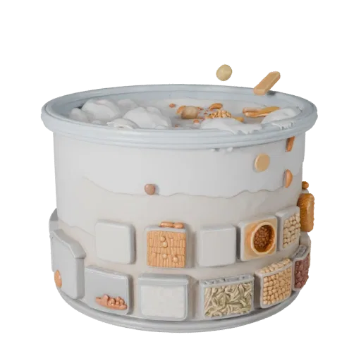 Spice Rice Sack 3D model, three-quarter front view, AR viewer studio render, showing powders, small ingredient shapes.