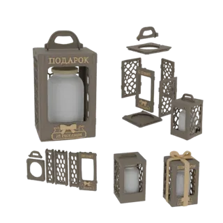 3D model of a decorative lantern gift box with a frosted jar, shown assembled and disassembled, with intricate patterns and a