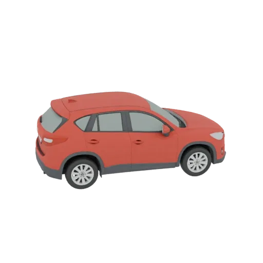 Un rendu 3D d'un SUV rouge vif, vu de côté, sur fond blanc.