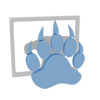 Render 3D di un'impronta di zampa d'orso blu stilizzata con artigli affilati, su un sottile contorno di sfondo grigio.