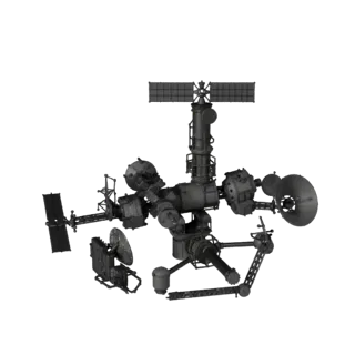 Modèle 3D stylisé du Télescope Orbital de Navigation, rendu isométrique stylisé, montrant les panneaux solaires, la silhouett