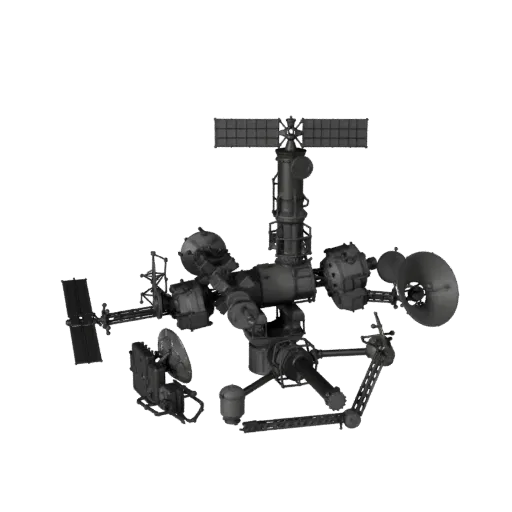 Modelo 3D estilizado de Telescopio Orbital de Navegación, renderizado isométrico estilizado, mostrando paneles solares, silue