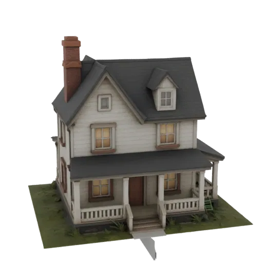3D model of Hello Neighbor Act 4 house, with porch, chimney, and windows, on a green base.