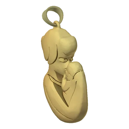 3D model of a golden pendant depicting a mother tenderly embracing her baby.