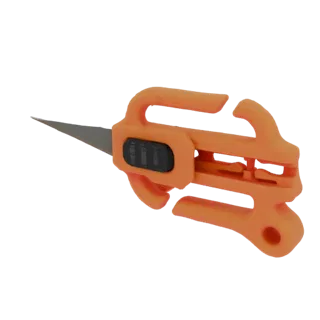 Un rendering 3D di un taglierino di sicurezza arancione brillante con lama affilata estesa, su sfondo nero.