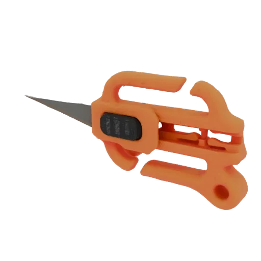 A 3D render of a bright orange safety cutter with a sharp blade extended, set against a black background.