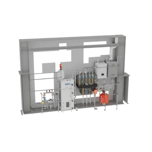 3D model of an industrial boiler system with detailed piping, valves, gauges, and a red expansion tank, set against a neutral
