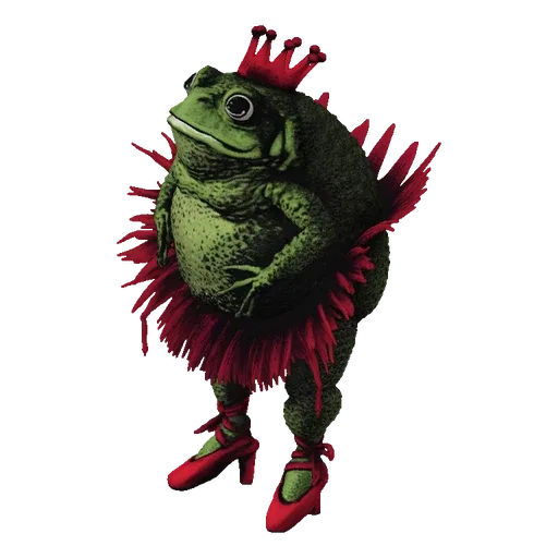 A 3D model of a green frog wearing a red crown and a red tutu, posed as a ballerina with red ballet slippers.