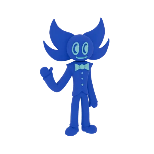 Uma renderização 3D de um personagem azul estilo claymation usando terno e gravata borboleta, acenando com a mão esquerda.