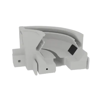 3D render of a futuristic geometric component with sharp angles and an internal cavity, presented in a neutral gray material.