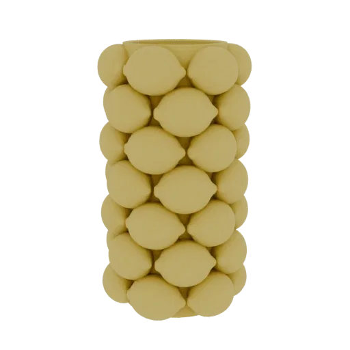 Ein 3D-Render einer zylindrischen Vase, bedeckt mit einem sich wiederholenden Muster aus gelben Zitronen.