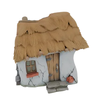 Modello 3D di un cottage fantasioso con tetto di paglia, pareti intonacate screpolate, dettagli in pietra e porta rustica in
